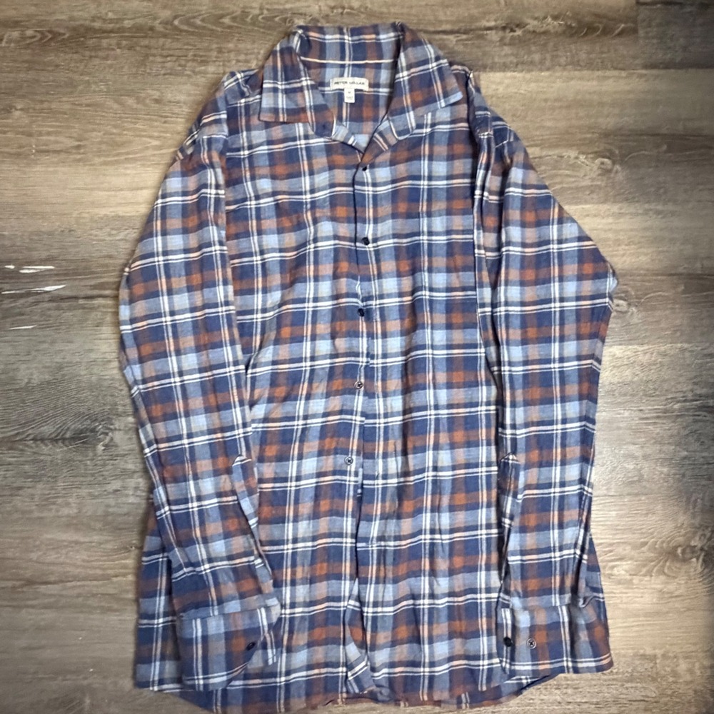 Peter Millar Mens Blue Copper Plaid Flannel Button Down Shirt Size M Long Sleeve